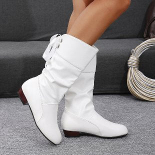 Women's ruched knee-high boots with low block heels