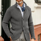 Men's textured knit button cardigan with stand collar
