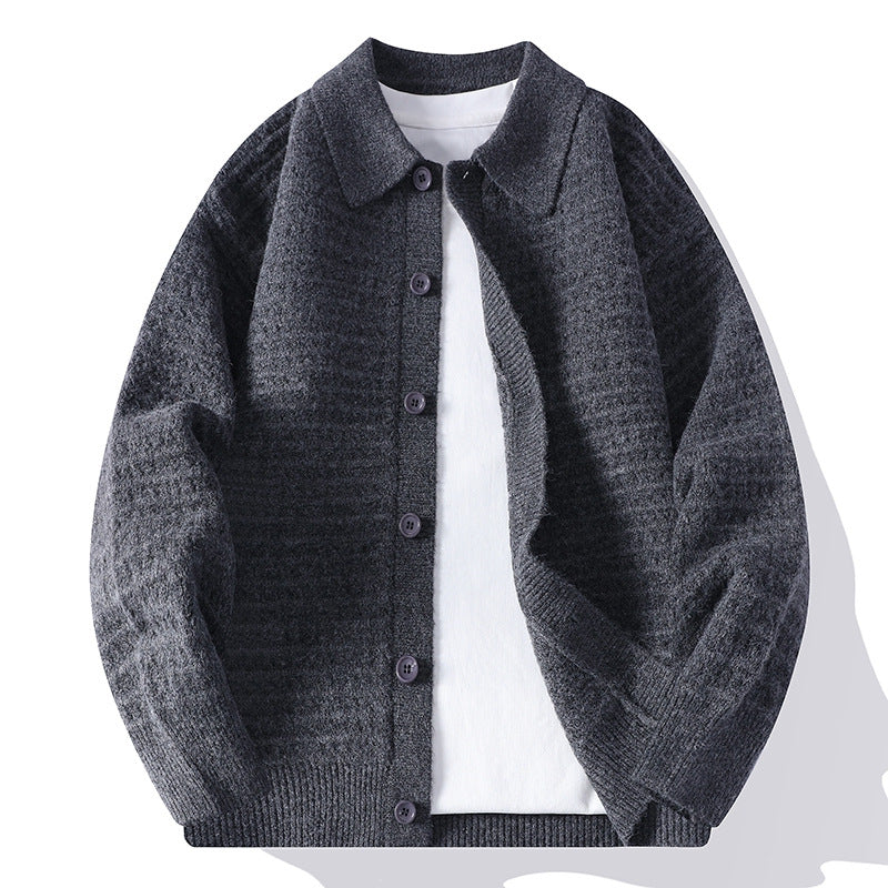 Men's waffle knit button-front cardigan with shirt collar
