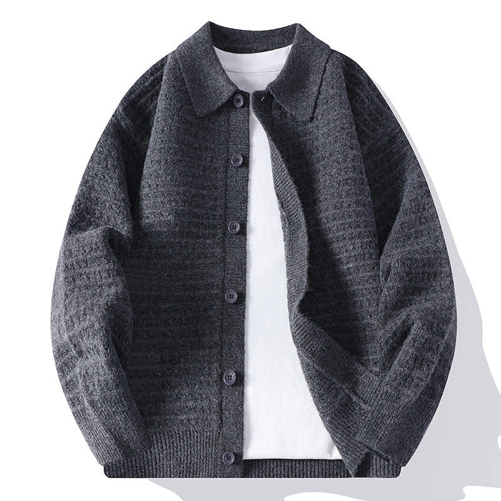Men's waffle knit button-front cardigan with shirt collar