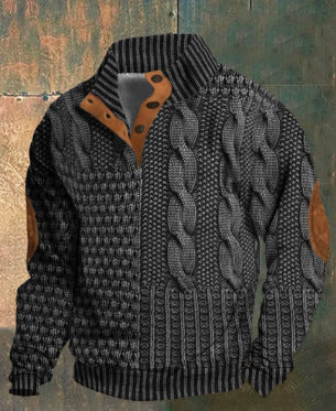Men's textured patterned jumper with button collar, long sleeves and elbow patches