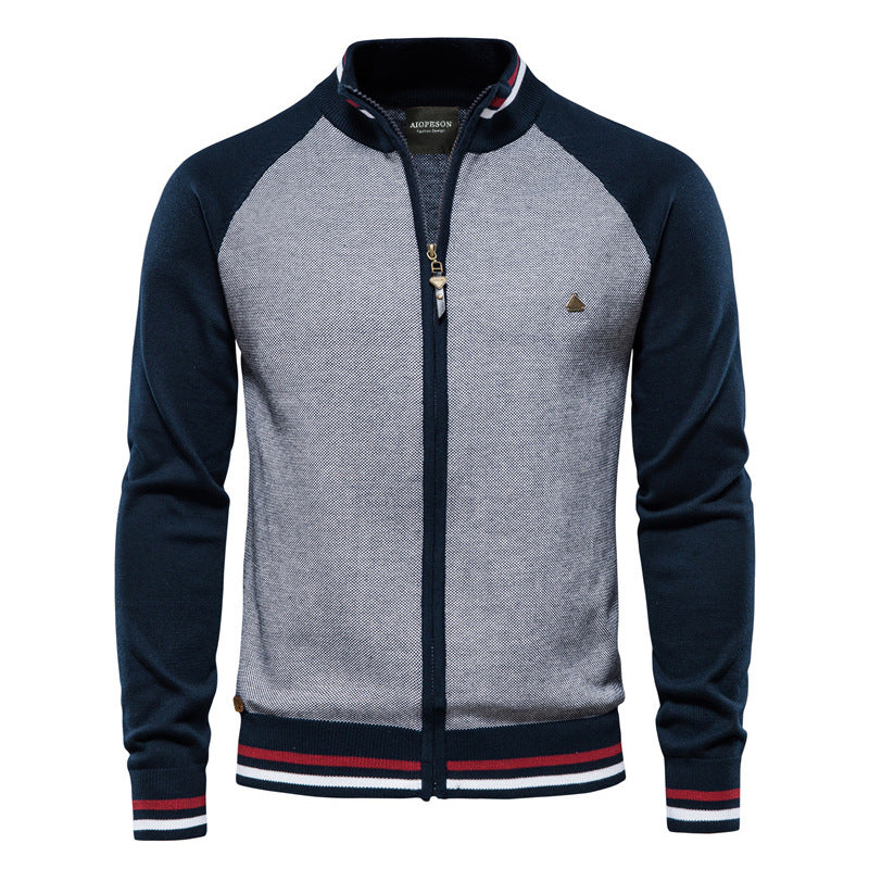Long-sleeve textured knit cardigan with stand collar and front zip
