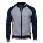 Long-sleeve textured knit cardigan with stand collar and front zip