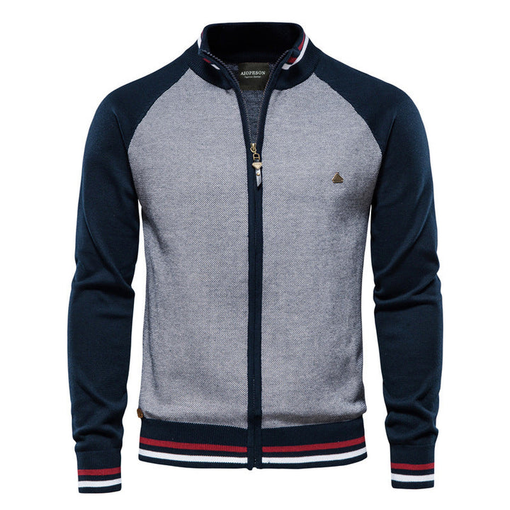 Long-sleeve textured knit cardigan with stand collar and front zip