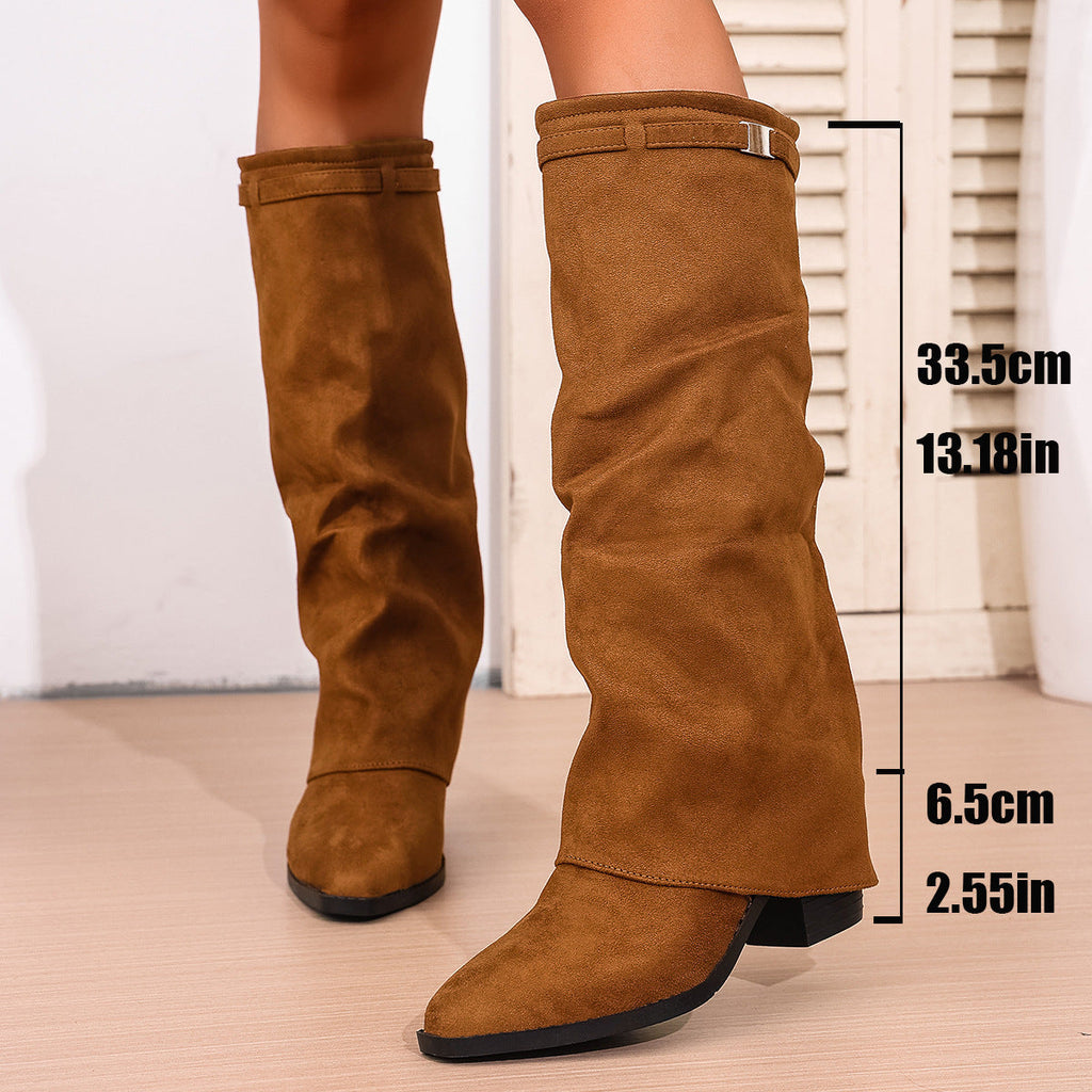 Women's slouch knee-high boots with pointed toes and low block heels