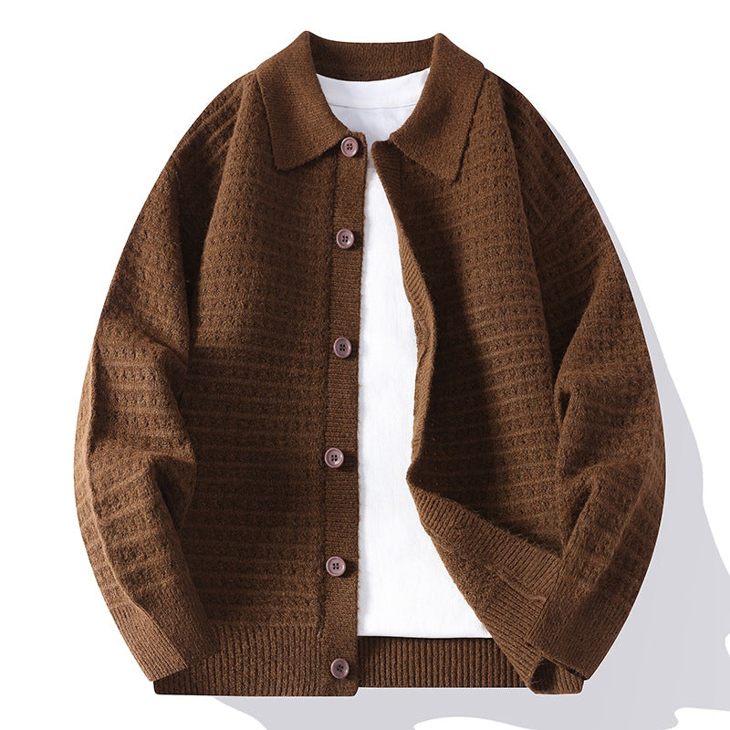 Men's waffle knit button-front cardigan with shirt collar