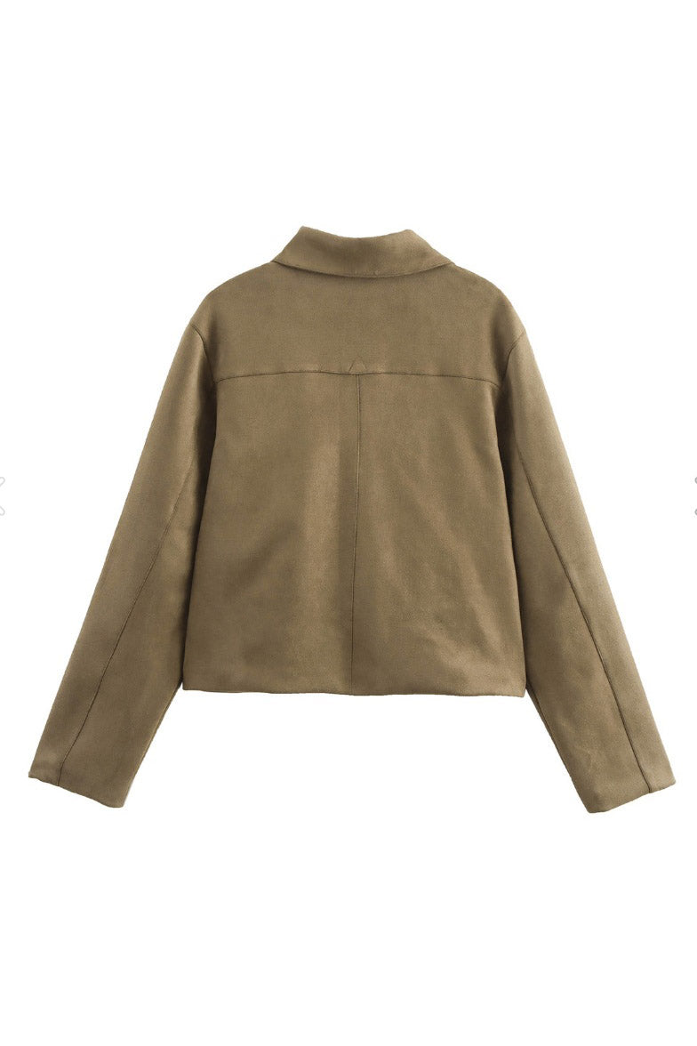 Women's sand suede jacket with collar and flap pockets