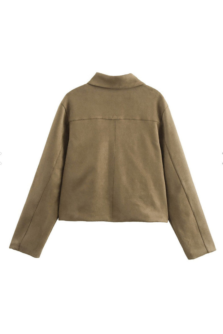 Women's sand suede jacket with collar and flap pockets