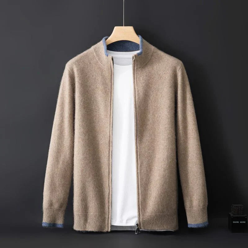 Unisex knitted zip-front bomber cardigan with ribbed collar