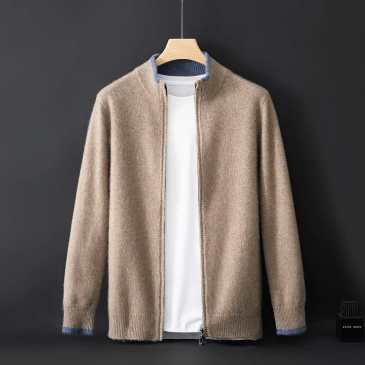 Unisex knitted zip-front bomber cardigan with ribbed collar