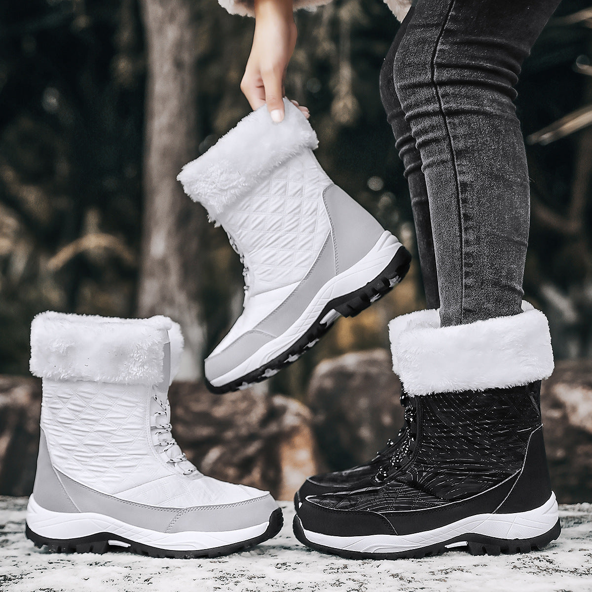Winter snow boots with faux fur cuff and lug sole