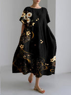 Women's loose floral midi dress with short sleeves and flared skirt