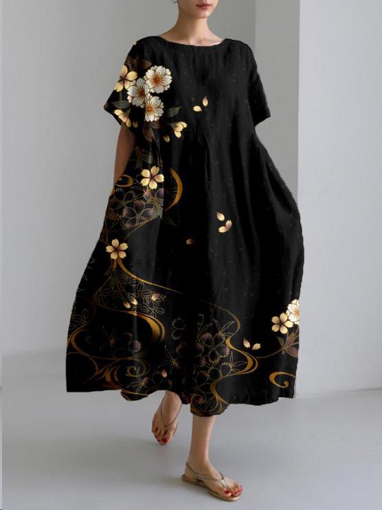 Women's loose floral midi dress with short sleeves and flared skirt