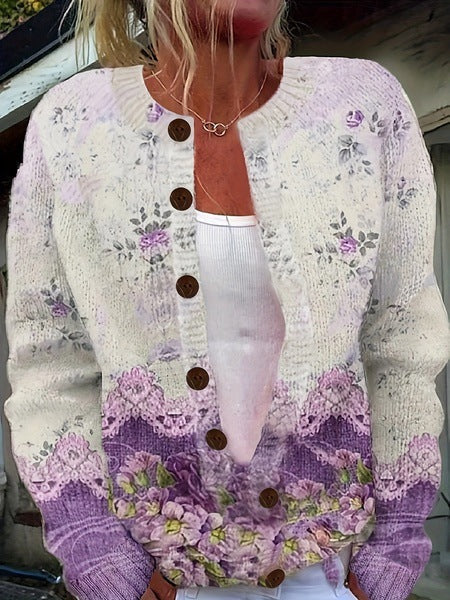 Women's floral button front cardigan with long sleeves and V-neck