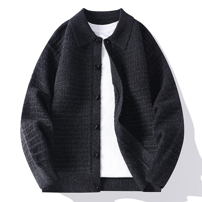 Men's waffle knit button-front cardigan with shirt collar