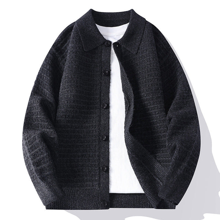 Men's waffle knit button-front cardigan with shirt collar