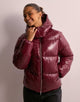 Women's shiny quilted hooded puffer jacket with leopard cuffs
