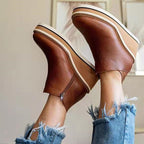 Women's animal print platform wedge ankle boots with rounded toes