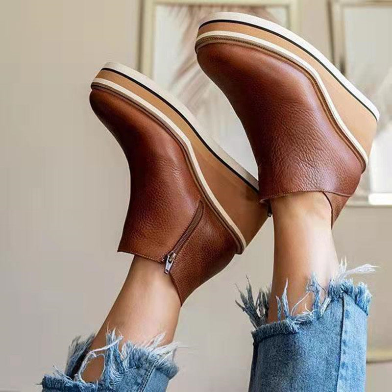 Women's animal print platform wedge ankle boots with rounded toes