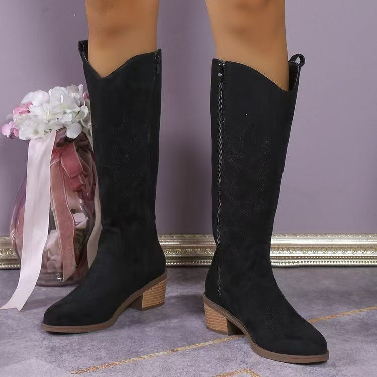 Women's Western knee-high boots with block heel and stitched detailing