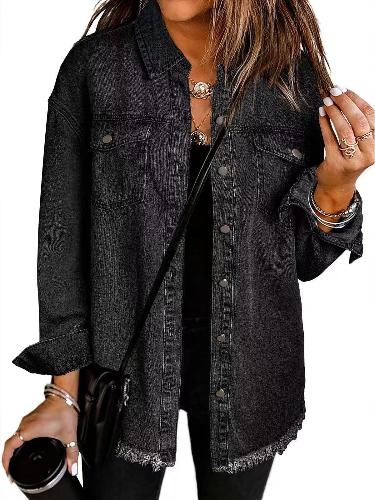 Women's leather blazer jacket with notched lapels and patch pockets