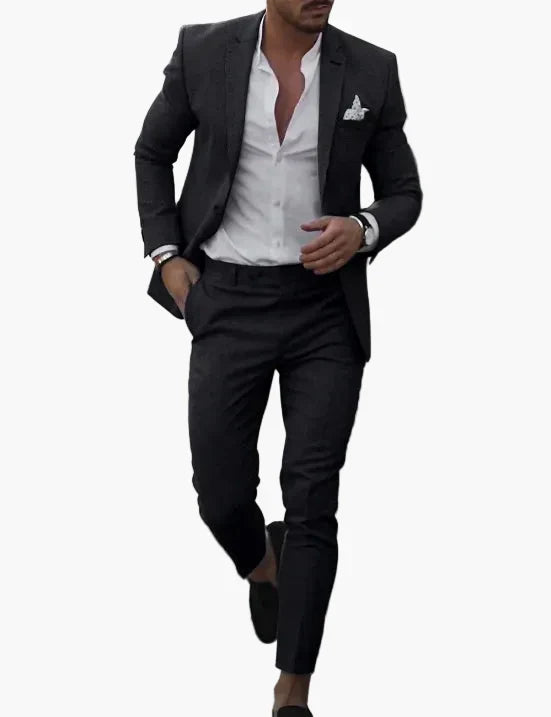 Men's slim fit suit set with notched-lapel blazer and tapered trousers