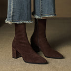 Women's ankle boots with pointed toes, side zips and high block heels