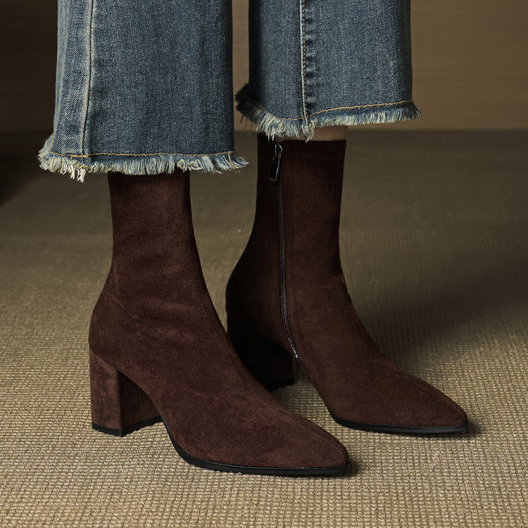 Women's ankle boots with pointed toes, side zips and high block heels