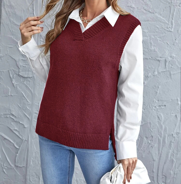 Women's sleeveless knit V-neck vest with ribbed trim in multiple colours