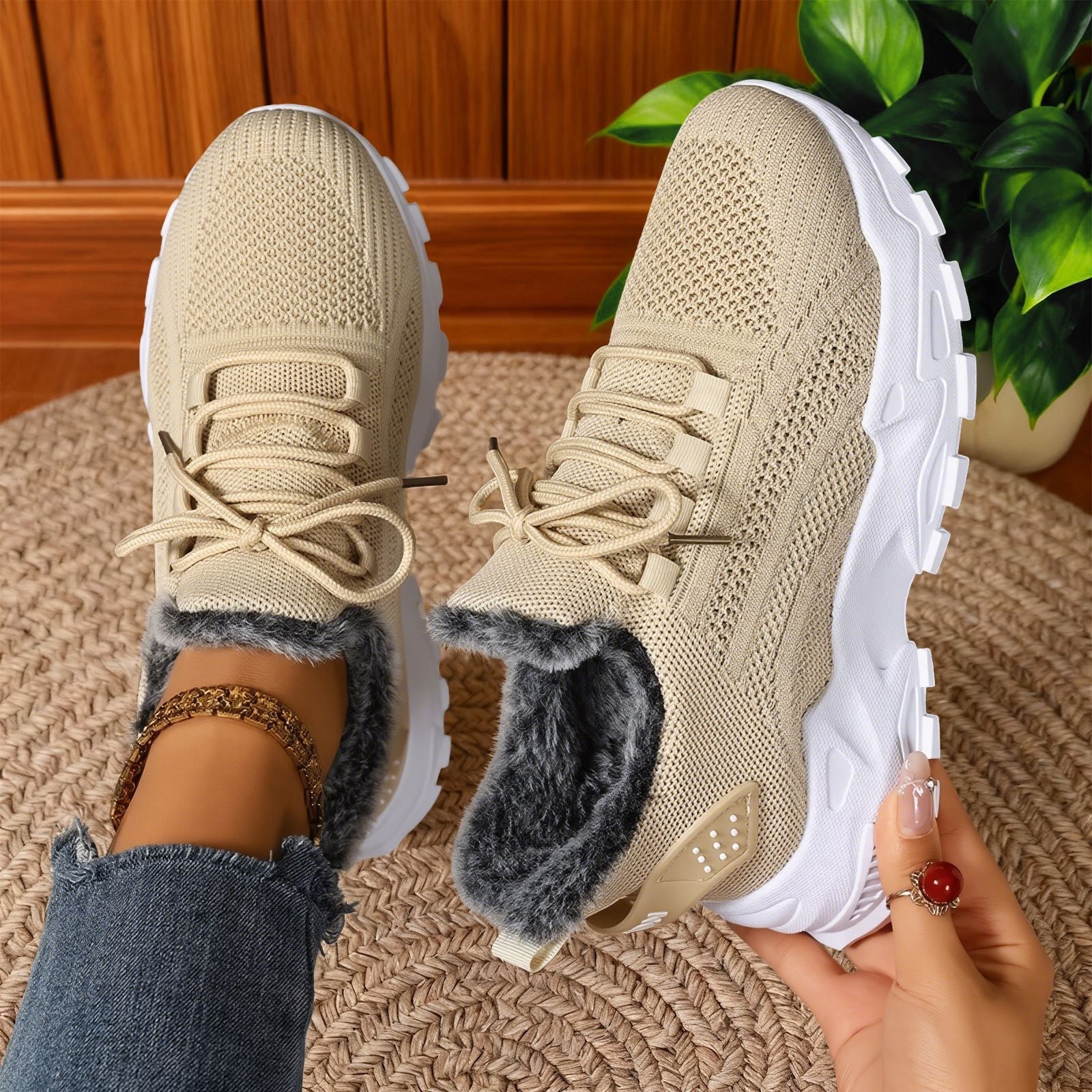 Fleece-lined lace-up sneakers with chunky tread soles