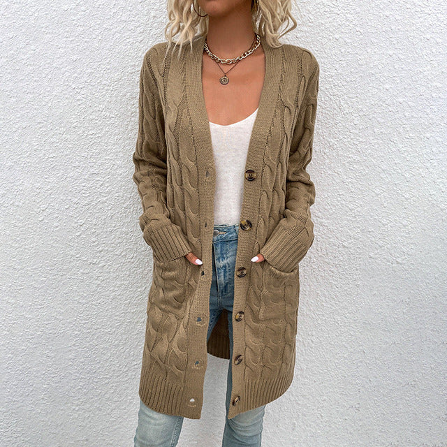 Women's longline cable-knit cardigan with V-neck, buttons, long sleeves and front pockets