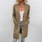 Women's longline cable-knit cardigan with V-neck, buttons, long sleeves and front pockets