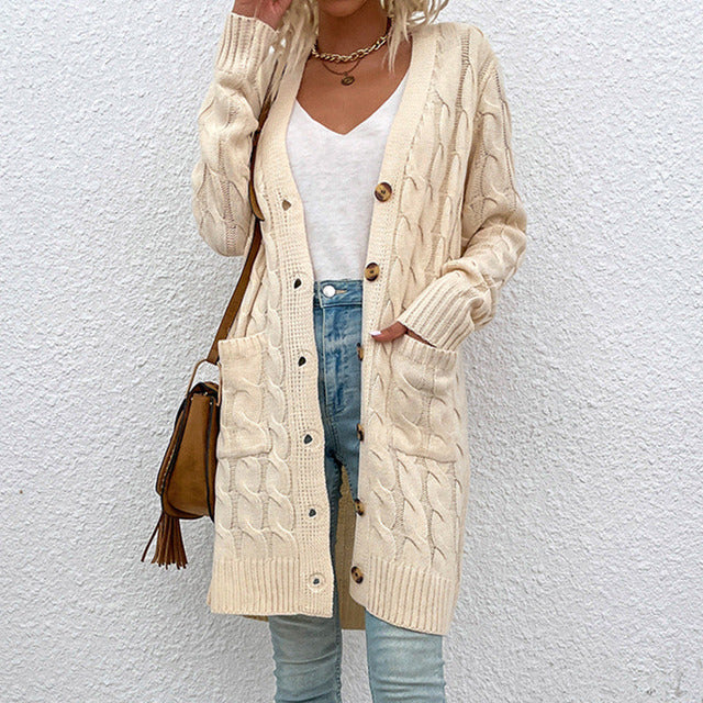 Women's longline cable-knit cardigan with V-neck, buttons, long sleeves and front pockets