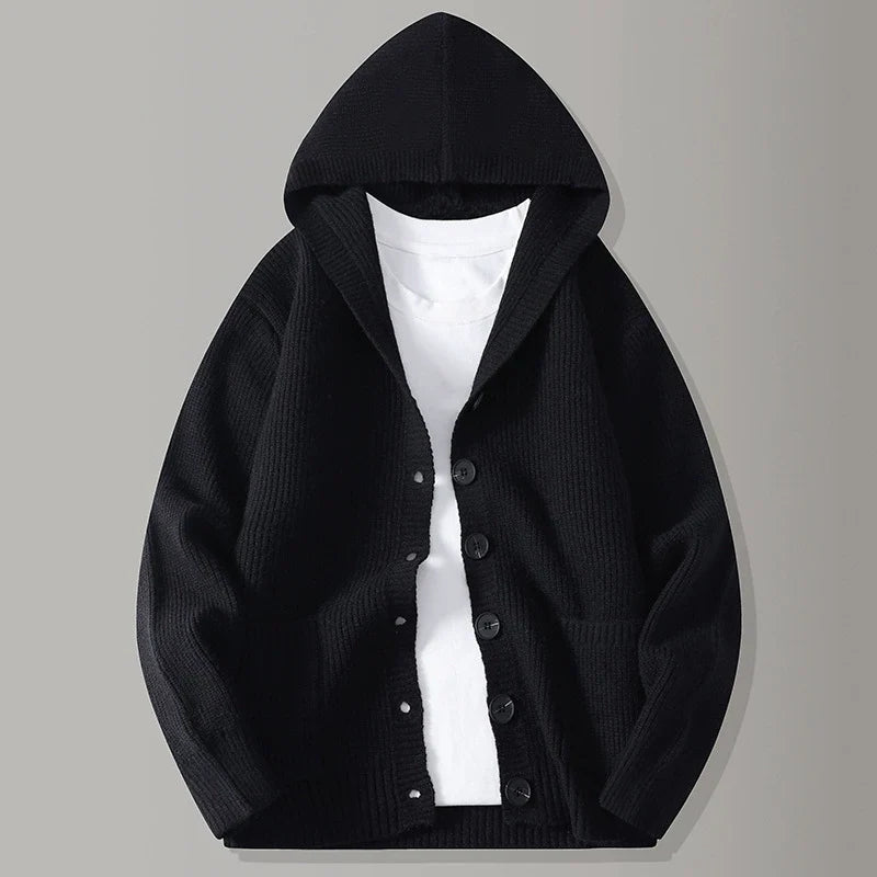 Men's hooded rib knit cardigan with button front and patch pockets
