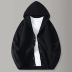 Men's hooded rib knit cardigan with button front and patch pockets