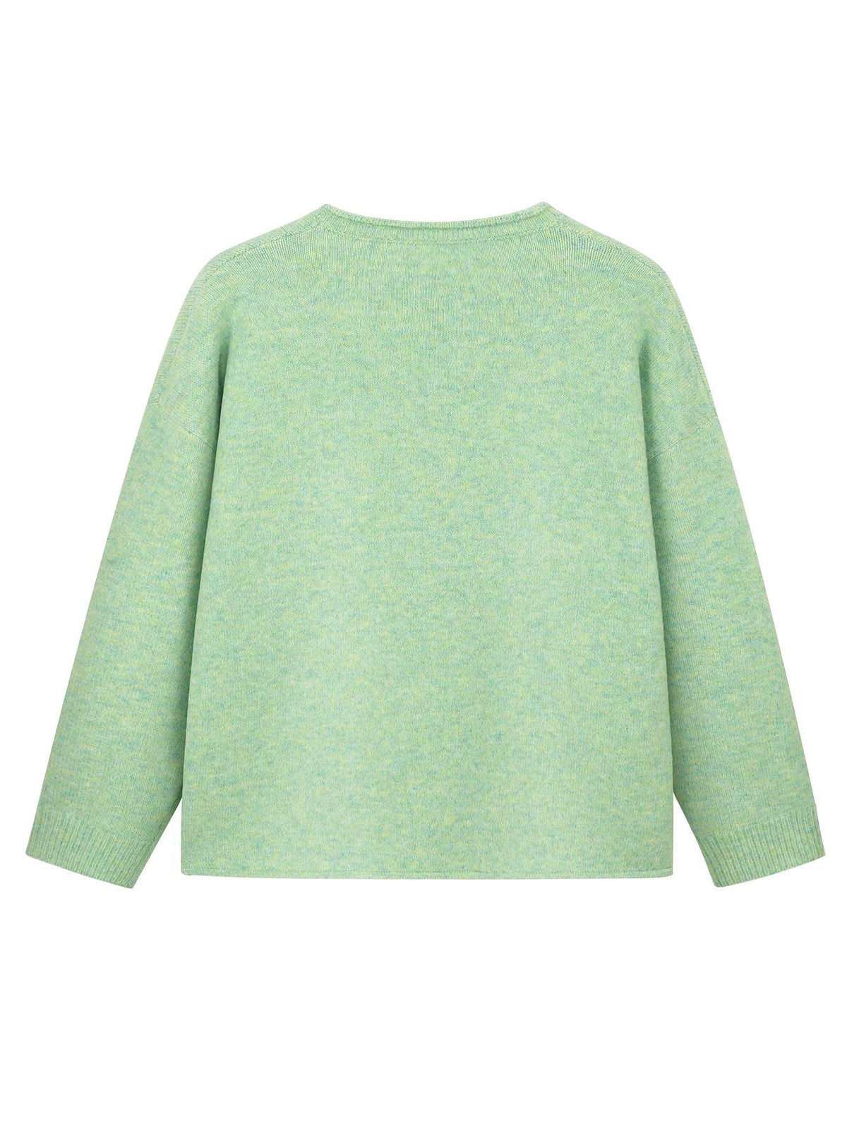 Women's green boxy cardigan with V-neck, colourful buttons and front patch pockets