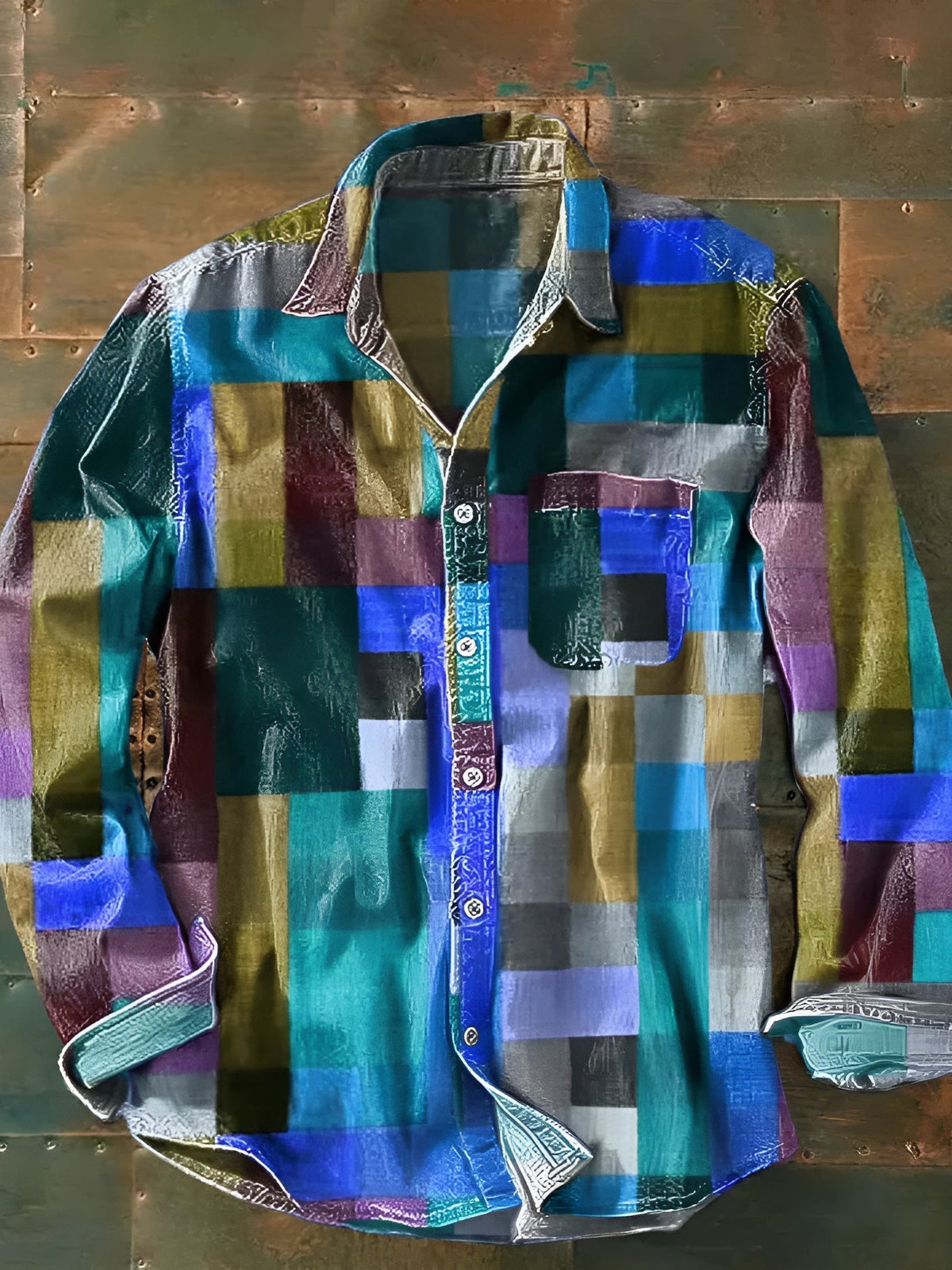 Men's multicoloured checked long-sleeve shirt with button front and chest pocket