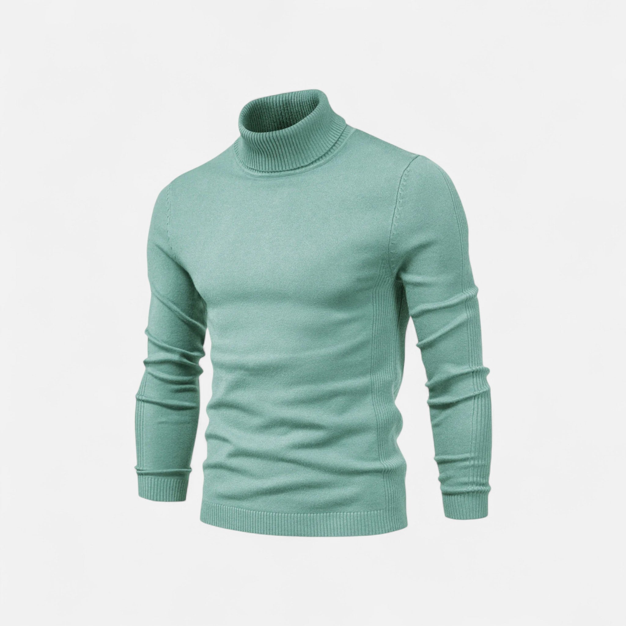 Men's half-zip knit sweater with raised turtleneck collar
