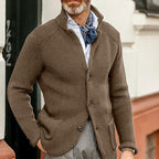 Men's textured knit button cardigan with stand collar