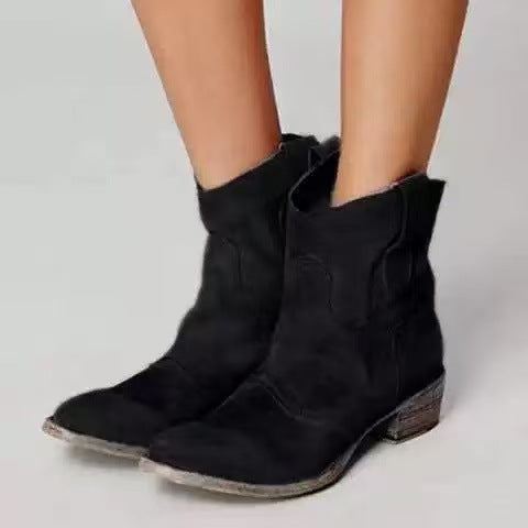 Suede ankle boots with western pull tabs and low heels