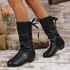 Women's ruched knee-high boots with low block heels
