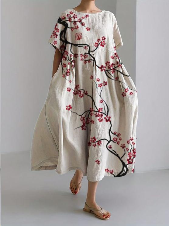 Women's loose floral midi dress with short sleeves and flared skirt