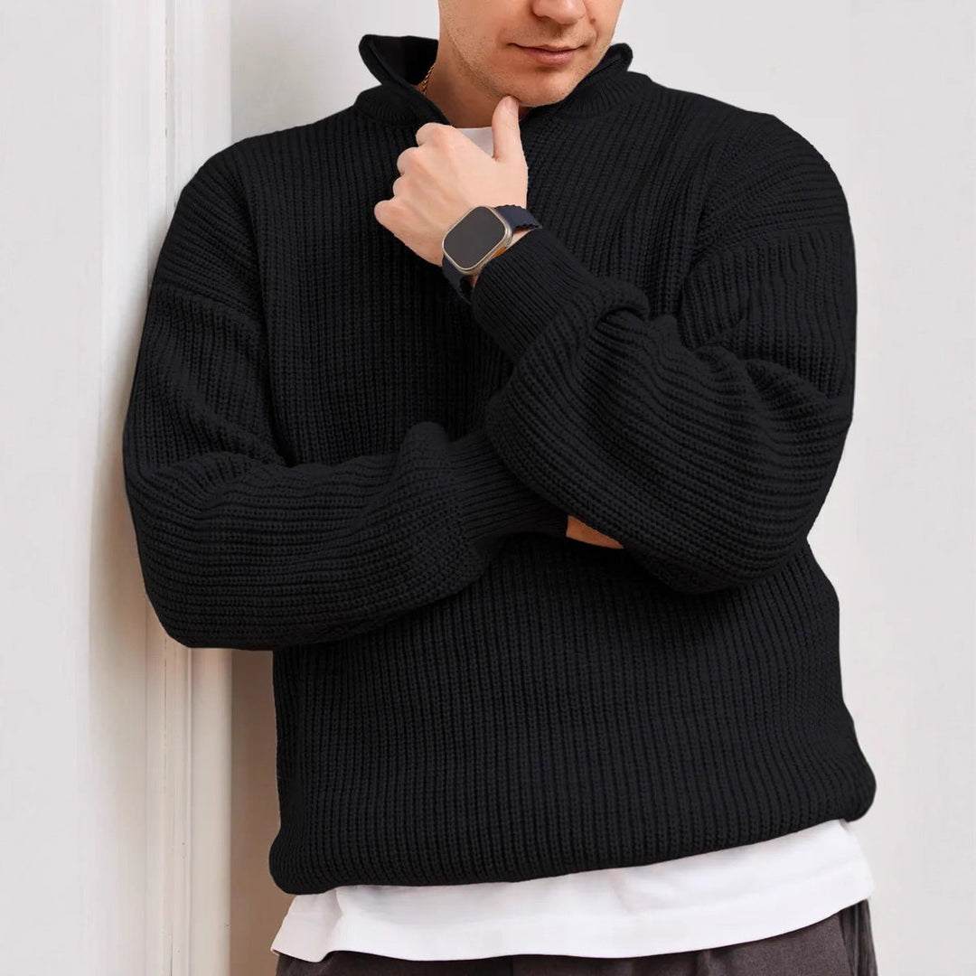Men's ribbed quarter-zip jumper with raised collar and long sleeves