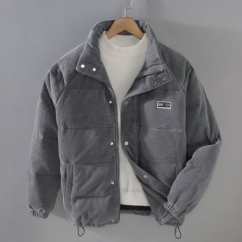 Men's ribbed corduroy-style hooded puffer jacket with pockets