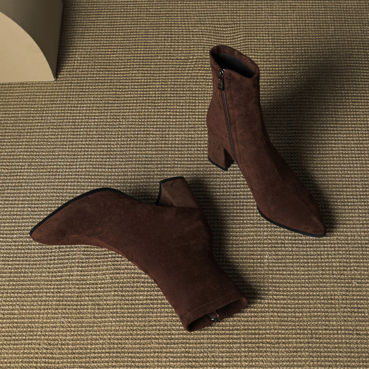 Women's ankle boots with pointed toes, side zips and high block heels