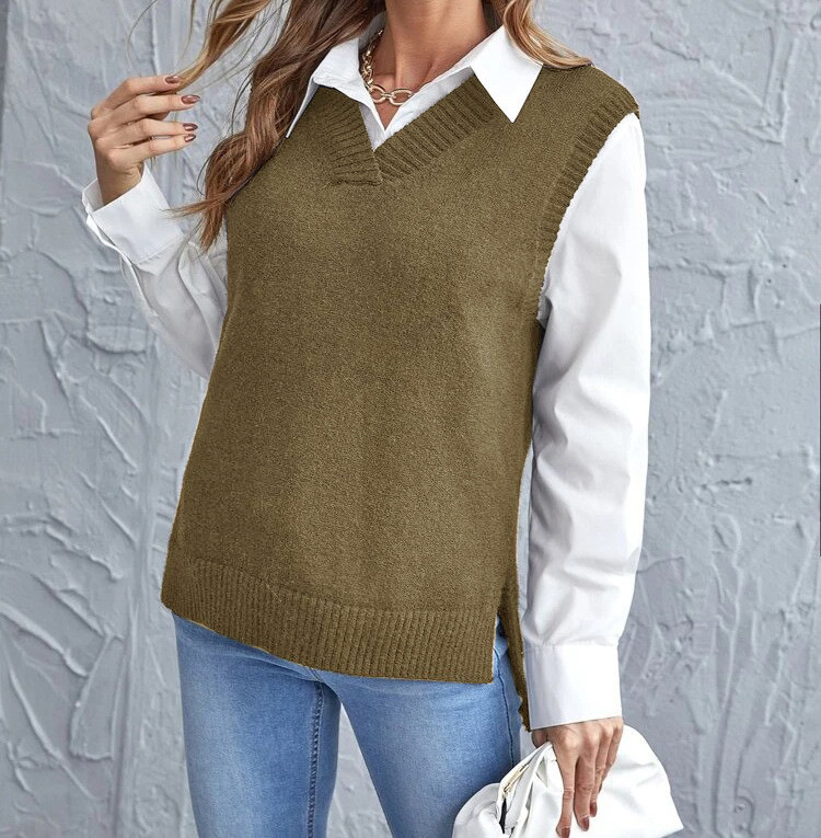 Women's sleeveless knit V-neck vest with ribbed trim in multiple colours