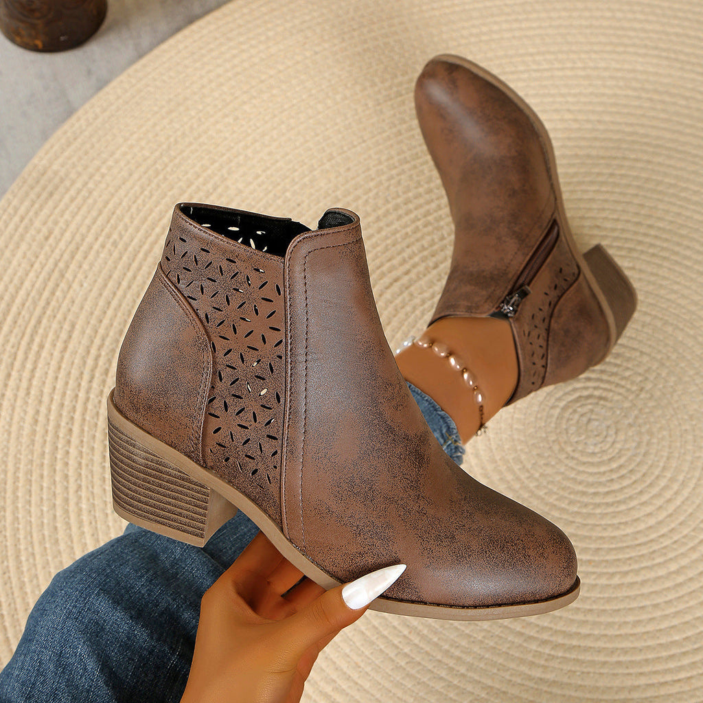 Women's ankle boots with laser cut panels and block heel