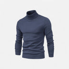 Men's half-zip knit sweater with raised turtleneck collar