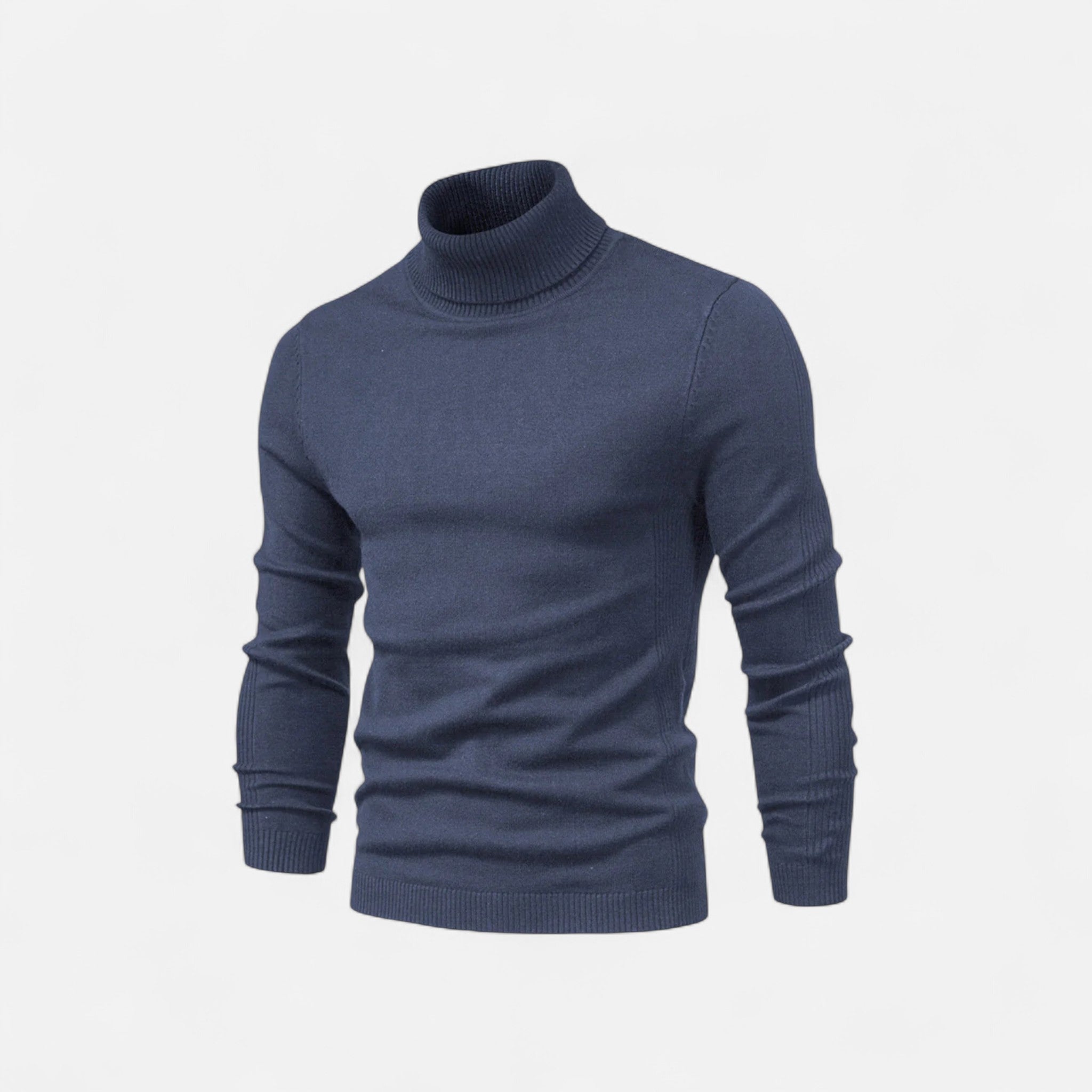Men's half-zip knit sweater with raised turtleneck collar