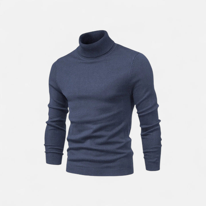 Men's half-zip knit sweater with raised turtleneck collar